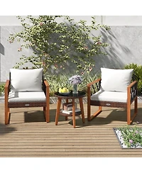 Costway 3 Pieces Patio Pe Wicker Furniture Set with Solid Acacia Wood Frame and Cushions