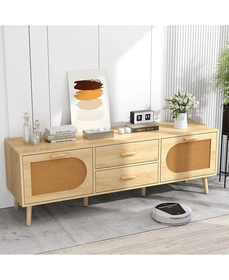 Slickblue Modern Rattan Tv Console for 65 Inch TVs with Storage Drawers