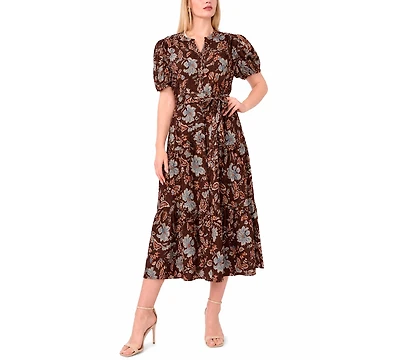 Msk Plus Puff-Sleeve Belted Midi Dress
