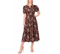 Msk Plus Puff-Sleeve Belted Midi Dress