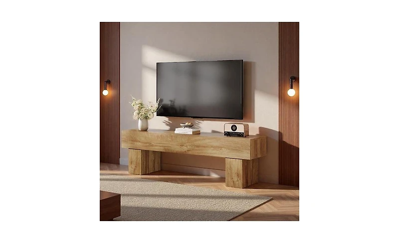 Tribesigns Ezlynn Brown Tv Stand Fits Tvs up to 55 to 65 in. TV, 3-Tier Farmhouse Console Table with Stripe Design for Living Room