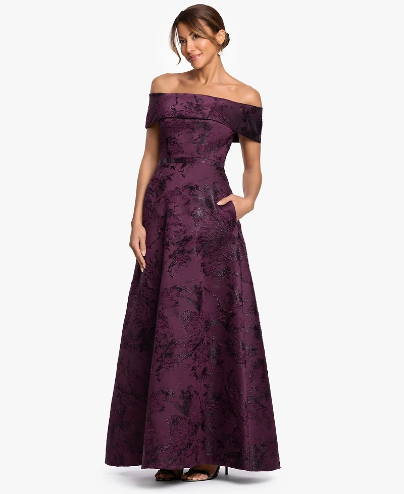 Xscape Women's Off-The-Shoulder Brocade Print Ball Gown
