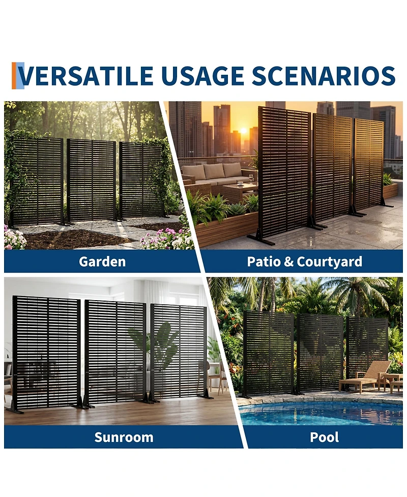 6x4FT Outdoor Metal Privacy Screen, Louvered Decorative Fence, Steel Garden Partition with Hooks and Ground Anchors