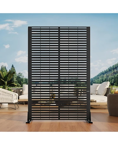 6x4FT Outdoor Metal Privacy Screen, Louvered Decorative Fence, Steel Garden Partition with Hooks and Ground Anchors