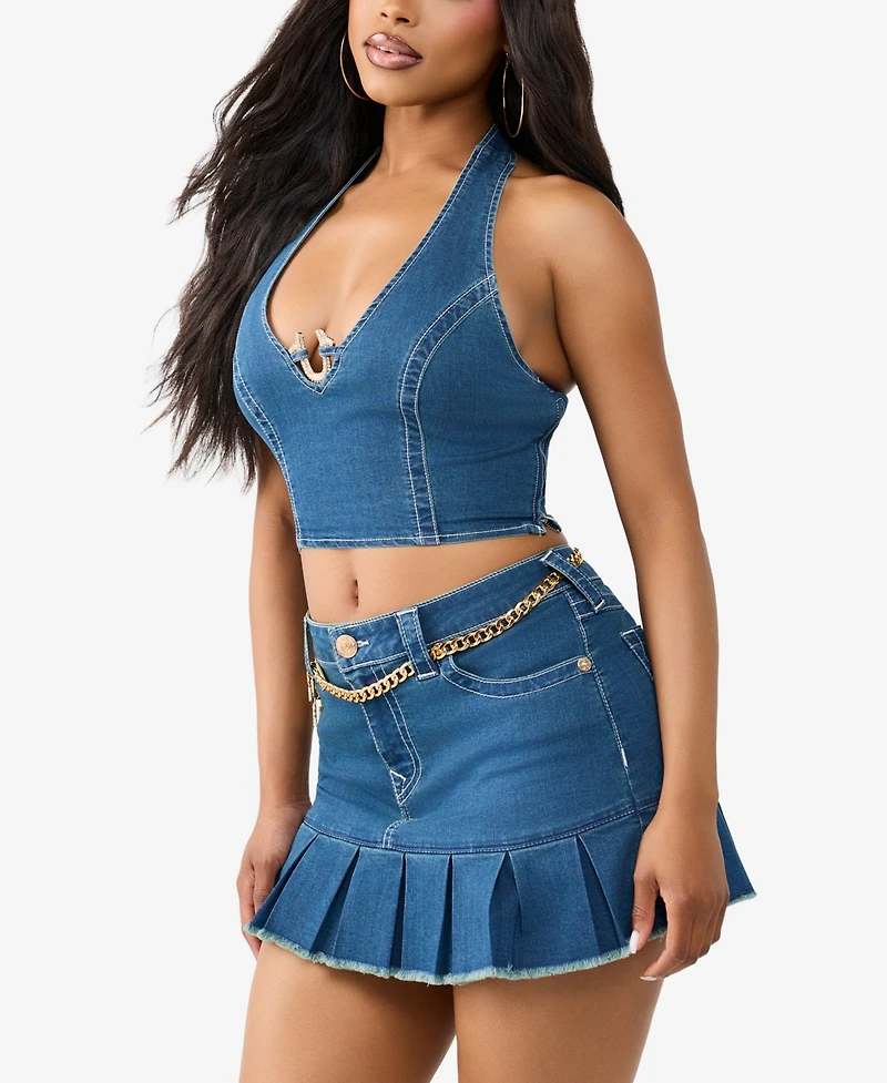True Religion Women's Crystsl Horseshoe Denim Halter Top