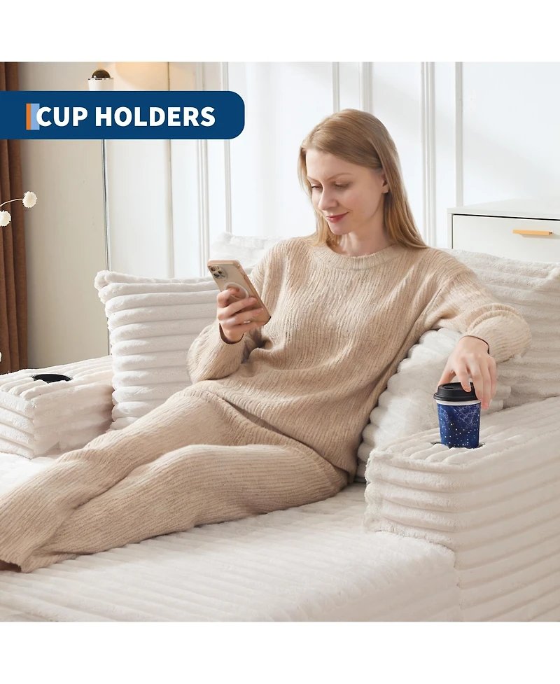 gaomon 64-inch Oversized Corduroy Frameless Sofa Bed, Cloud Sofa with Cup Holders and Throw Pillows, Perfect for Apartments, Living Rooms and Bedrooms