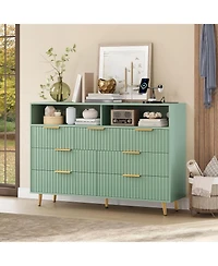 gaomon 7 Drawers Dresser for Bedroom, 54" Wide Dressers with Led Lights and Charging Station, Curved Profile Design, Fluted Wood Drawers with Handle