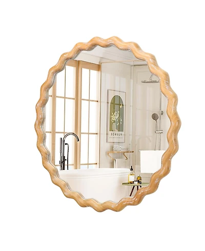 Phying 27.5 Inch Farmhouse Wavy Round Mirror Whitewash Wood Edge Wall Mounted Vanity Mirror Multipurpose Decorative Mirror for Indoor Home