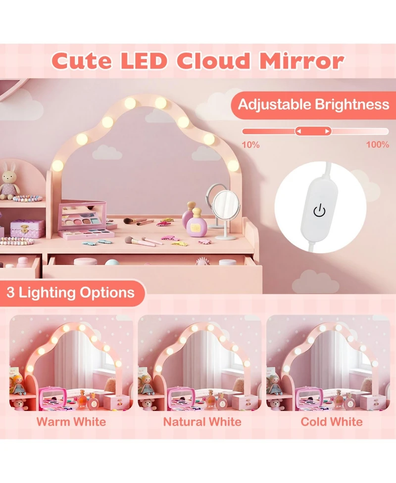 Slickblue Kids Dressing Table with Mirror and Lights Princess Vanity for Pretend Play
