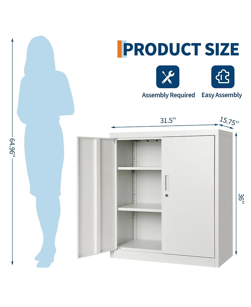 homfan Steel Storage Cabinet with Lock 36inch Tall Filing Locker 2 Adjustable Shelves - Secure Metal Organizer for Office, Home
