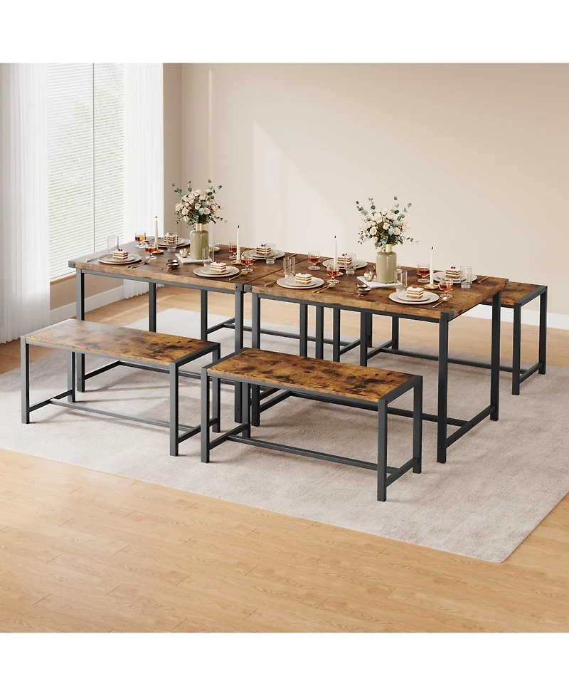 homfan 4-Piece Space Saving Dining Set, Sturdy Engineered Wood Metal Frame Bench Set Easy Care Home Furniture