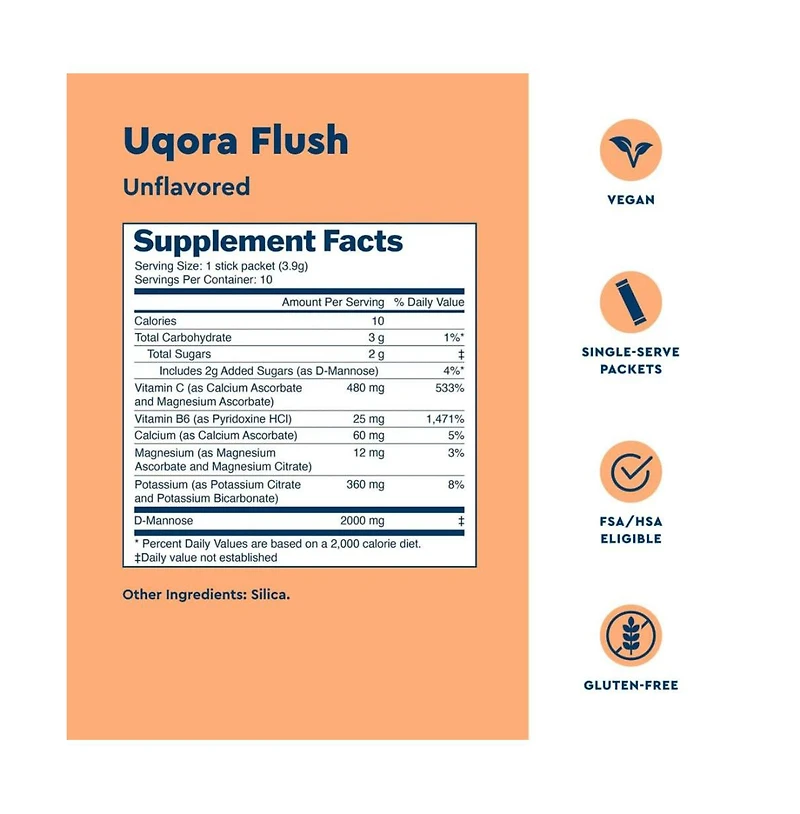 Uqora Flush - Urinary Tract with D-Mannose, Vitamin C, Vitamin B6, Potassium, Magnesium and Calcium - Gluten-Free