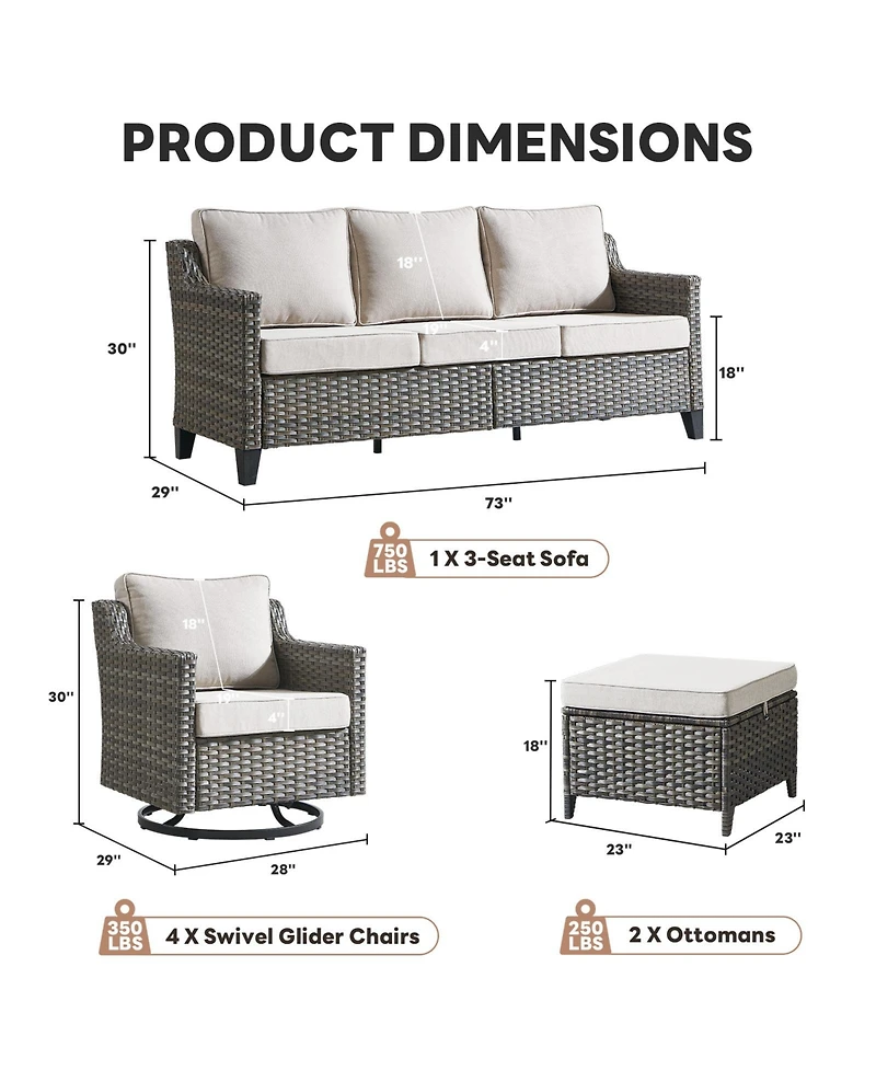 Pocassy Patio Swivel Glider Furniture Set, 7 Pieces Wicker Outdoor Seating Furniture, Conversation Sofa Sets for Lawn Backyard