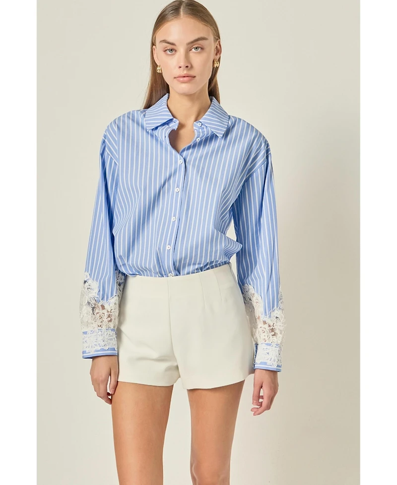English Factory Women's Oversized Lace Trim Stripe Shirt