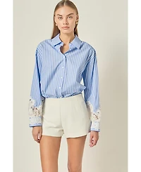 English Factory Women's Oversized Lace Trim Stripe Shirt