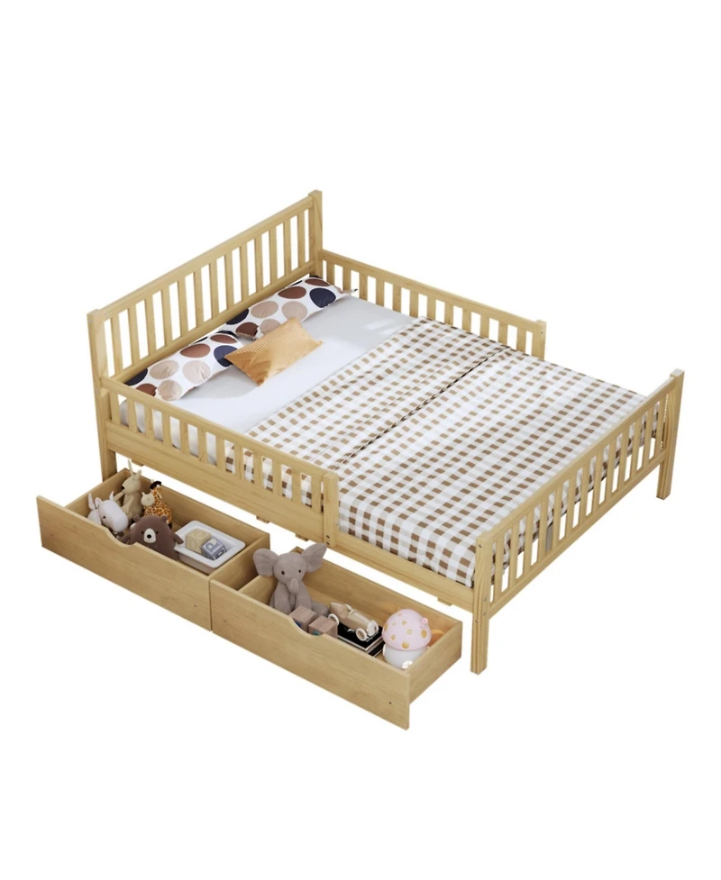 Rainsken Simple Wood Platform Bed with Guardrails on Both Sides and Two Storage Drawers
