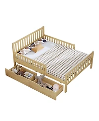 Rainsken Simple Wood Platform Bed with Guardrails on Both Sides and Two Storage Drawers