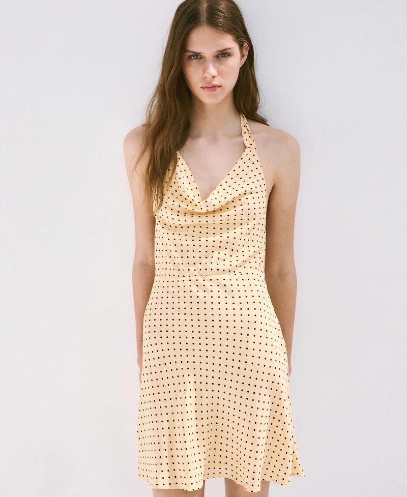 Mango Women's Draped Neck Polka Dot Dress