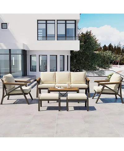 Asagikoiai 6-Piece Outdoor Patio Furniture Set with Acacia Coffee Table and Ottomans
