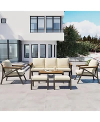 Asagikoiai 6-Piece Outdoor Patio Furniture Set with Acacia Coffee Table and Ottomans
