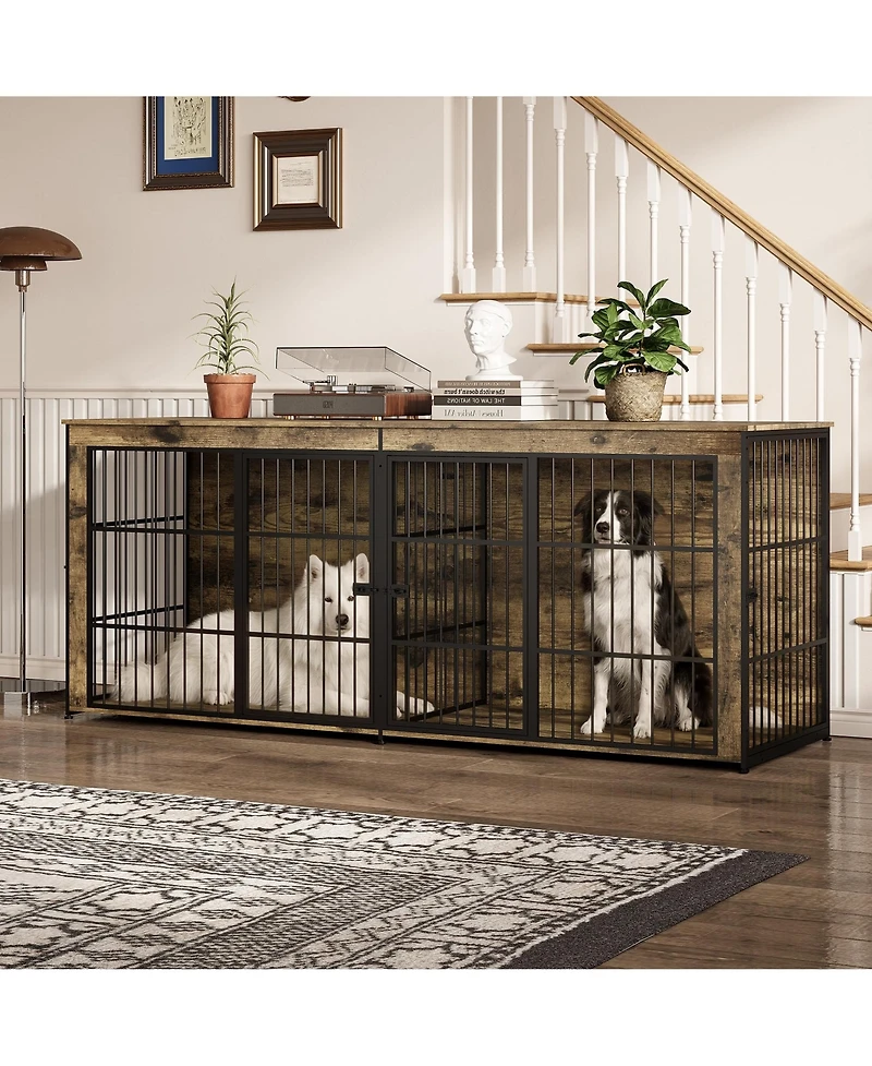 homfan Heavy Duty Wooden Dog House Furniture, Double 3-in-1 Kennel, Multifunctional End Table Tv Stand, Adjustable Feet
