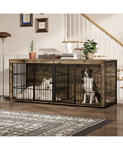 homfan Heavy Duty Wooden Dog House Furniture, Double 3-in-1 Kennel, Multifunctional End Table Tv Stand, Adjustable Feet