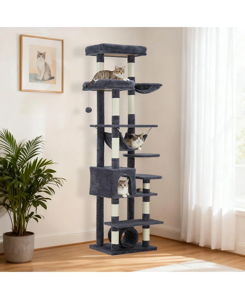 homfan 74" Cat Tree for Large Cats, Tall Tower with 11 Scratching Posts, Hammock, Top Perch, Toy Balls, Condo, Heavy Duty House Adult Big Cats