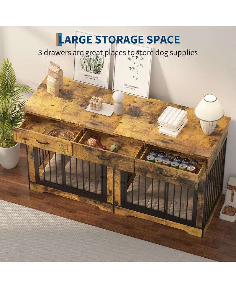 homfan Spacious Dual Dog Crate Furniture for 2 Medium/Large Dogs, Heavy Duty Wooden Indoor Kennel with 3 Drawers, End Table and Tv Stand.