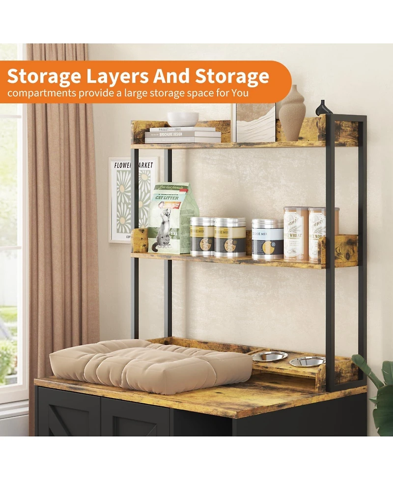 homfan Modern Wooden Cat Litter Box Enclosure Cabinet, Stylish Hidden House Furniture with Shelf, Discreet Cover.