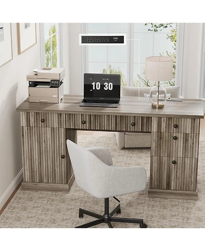homfan 60" Office Desk with Storage and Drawers – Fluted Wood Computer Desk with Power Outlet and Adjustable Shelves for Home Office