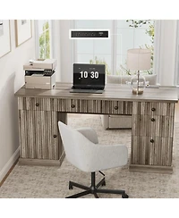 homfan 60" Office Desk with Storage and Drawers – Fluted Wood Computer Desk with Power Outlet and Adjustable Shelves for Home Office