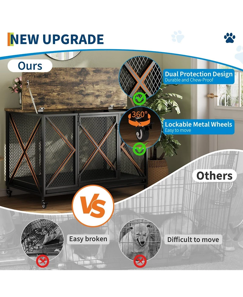 homfan Dog Crate Furniture, 48 Inch Black Indoor Dog Kennel Table with Metal Frame, Potty Tray, and Lockable Wheels for Large, Medium, and Small Dogs