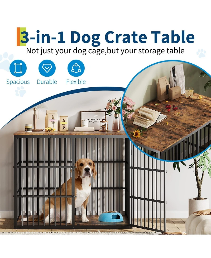 homfan Dog Crate Furniture 47 Inch Metal and Wood Indoor Kennel with 3 Lockable Doors for Medium and Large Dogs