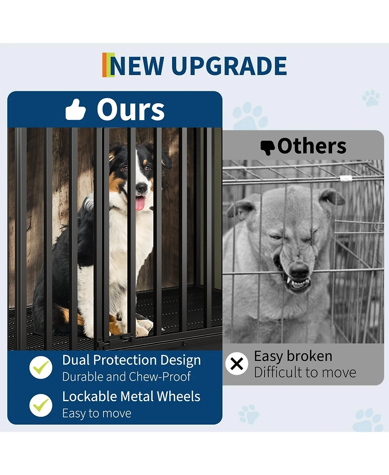 homfan Dog Crate Furniture with Removable Tray, Heavy-Duty Dog Cage with Lockable Wheels and Door, Wooden Kennel End Table for Small to Medium Breeds