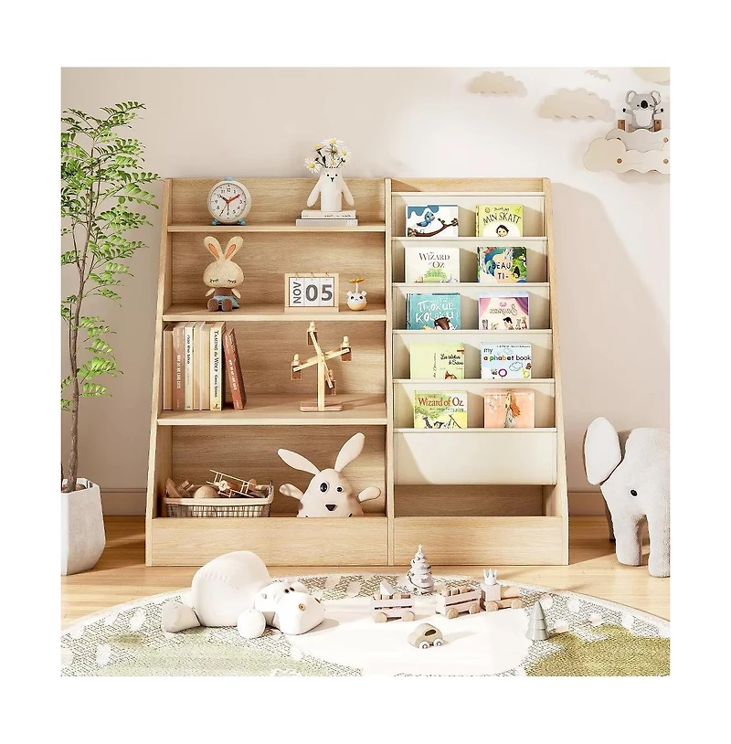 Gouun 4-Tier Kids Bookshelf and Toy Storage Organizer with Sling Pockets