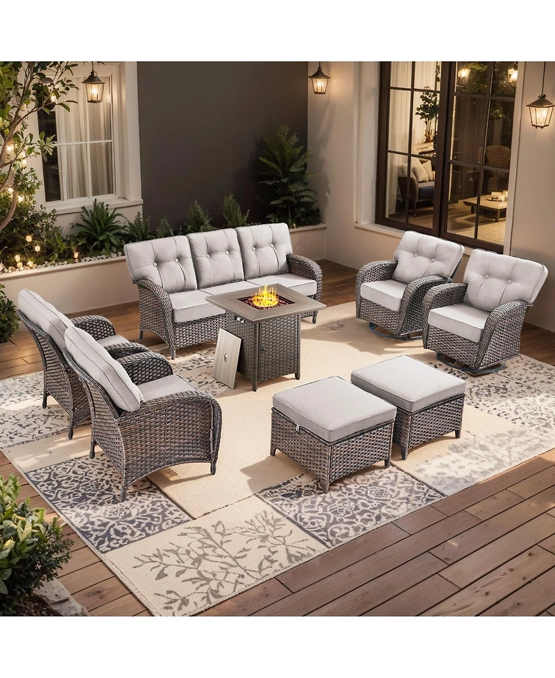 Pocassy 8 Piece High Back Outdoor Furniture with 5-inch Thick Cushion, Patio Set 30" Square Fire Pit Table and Swivel Chairs