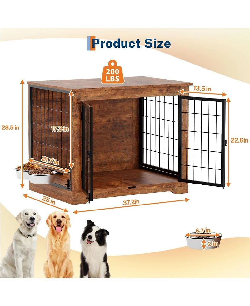 homfan Dog Crate Furniture 38 Inch Brown Wooden Indoor Kennel with 360 Degree Rotating Feeder and Dual Doors for Small and Medium Dogs