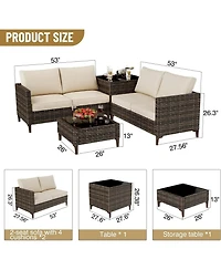 homfan 4-Piece All-Weather Pe Rattan Sectional Furniture Set with Loveseat Sofa, Coffee Table Storage-Ideal for Backyard, Poolside