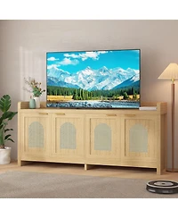 gaomon 61.5" Mid-Century Rattan Tv Stand for TVs up to 65", Entertainment Center with Glass Doors and Storage Cabinets