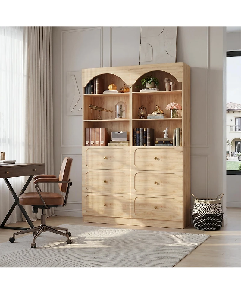 Aheaplus 2Piece Wooden Pantry Storage Cabinets with 3-Tier Open Shelves