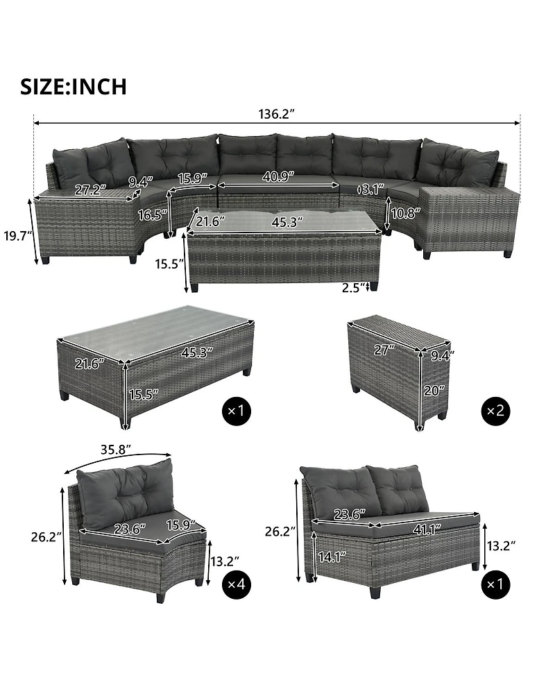 Asagikoiai 8-Piece Outdoor Wicker Half-Moon Patio Sectional Sofa Set with Coffee and Side Tables-Asagikoiai