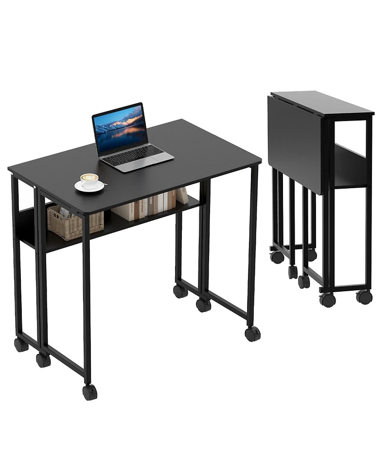homfan 31.5" Folding Rolling Desk with Storage Shelf, Small Space Computer Table Wheels, Foldable Workstation for Home Office and Study