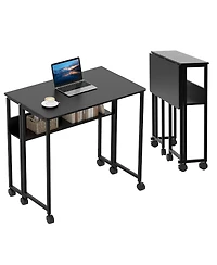 homfan 31.5" Folding Rolling Desk with Storage Shelf, Small Space Computer Table Wheels, Foldable Workstation for Home Office and Study