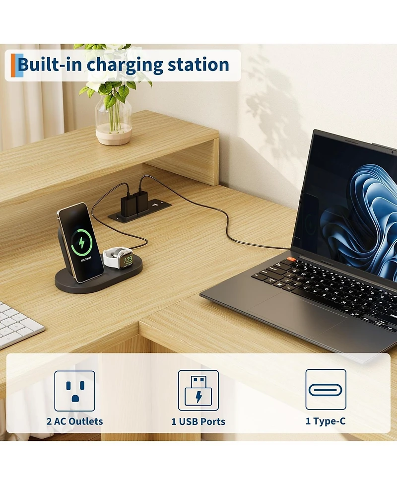 gaomon 63" L-Shaped Executive Desk with 4 File Drawers and Power Outlet – Large Corner Computer Desk with Monitor Stand, Home Office Desk, Wood Tone