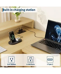 gaomon 63" L-Shaped Executive Desk with 4 File Drawers and Power Outlet – Large Corner Computer Desk with Monitor Stand, Home Office Desk, Wood Tone
