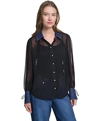 Karl Lagerfeld Paris Petite Collared Button-Front Blouse
