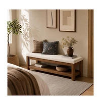 Tribesigns Solid Wood Dining Bench with Sturdy Frame, Farmhouse Upholstered Bench with 2-Tier Storage Shelf for Dining Room, Living Room, Hallway