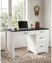 homfan Farmhouse Executive Desk with File Cabinet and Storage Drawers - Space-Saving Small Home Office Desk for Bedroom or Study