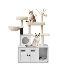 Homfan 2-in-1 Cat Litter Box Enclosure with Tower, Scratching Post, Soft Perch, Multi-Level Platforms & Cat Toy for Indoor Use