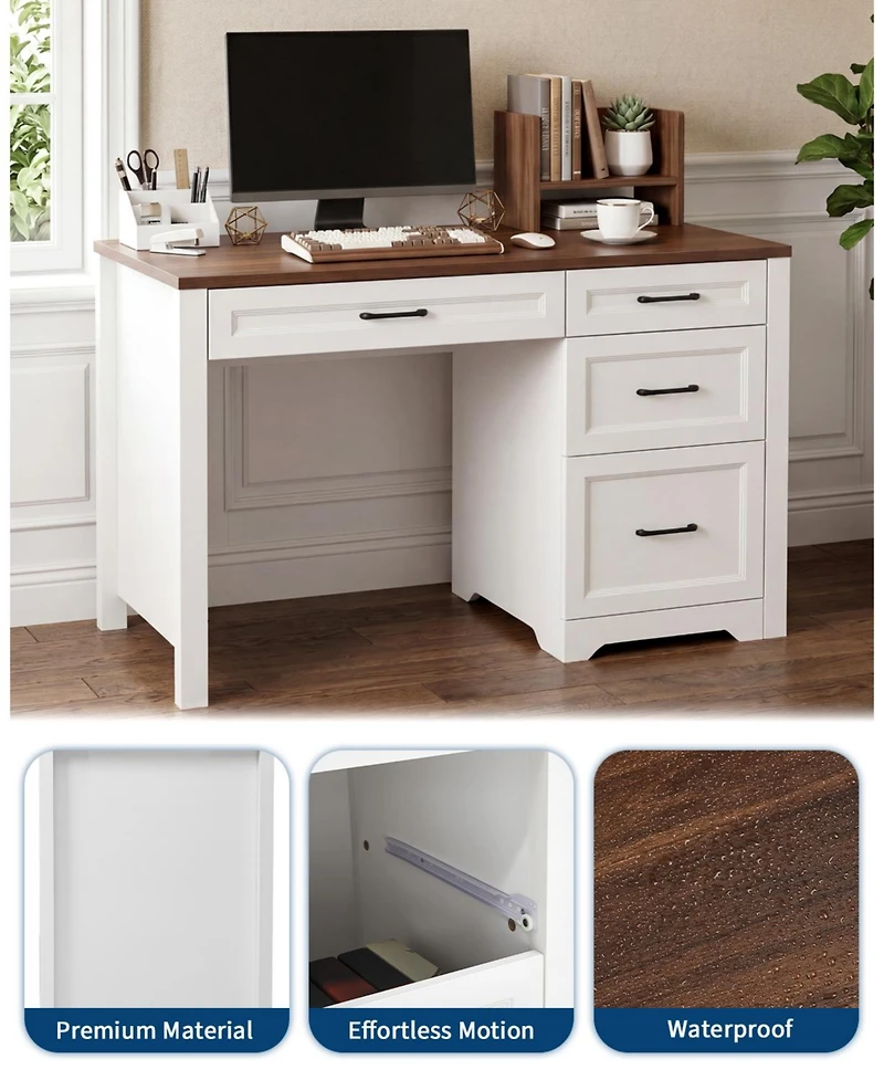 homfan Farmhouse Executive Desk - File Cabinet and Storage Drawers, Space-Saving Small Desk for Bedroom Office